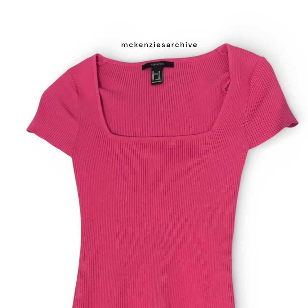 Forever 21 Hot Pink Ribbed Square Neck Short Sleeve Tee